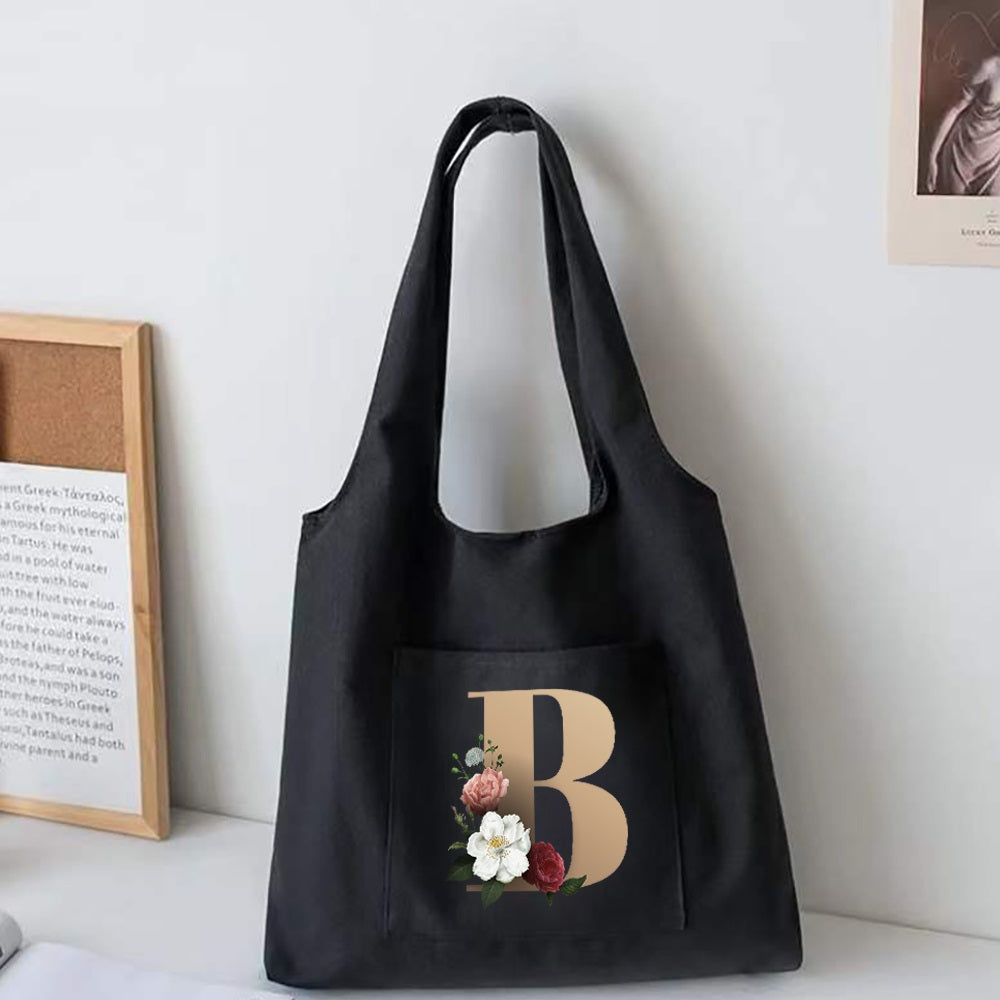 Women's Shopping Bag - Hot Flower Gold Letter Pattern Canvas Tote for Girl