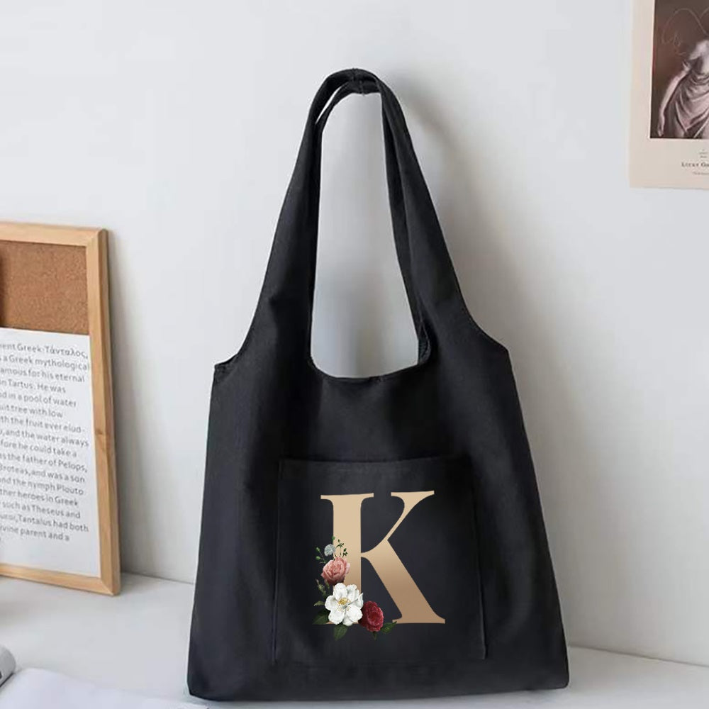 Women's Shopping Bag - Hot Flower Gold Letter Pattern Canvas Tote for Girl