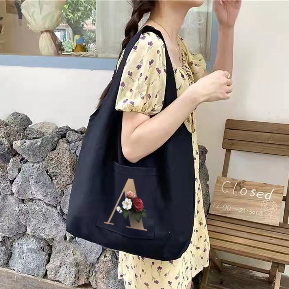 Women's Shopping Bag - Hot Flower Gold Letter Pattern Canvas Tote for Girl