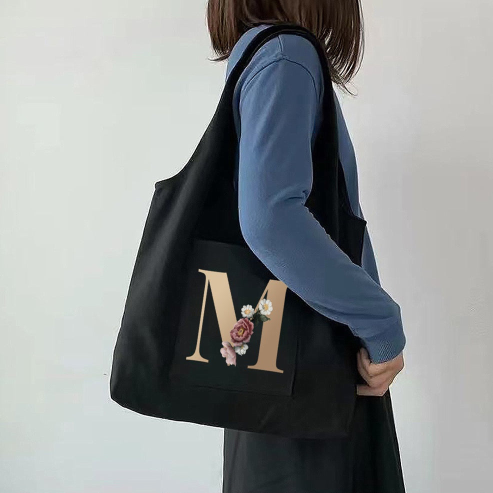 Women's Shopping Bag - Hot Flower Gold Letter Pattern Canvas Tote for Girl